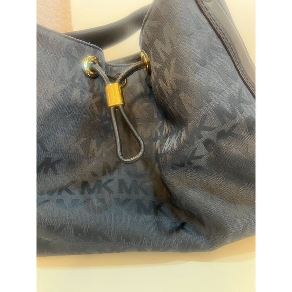 Michael Kors MK Jacquard Canvas Leather Large Drawstring Shoulder Tote Bag Purse - Picture 13 of 13